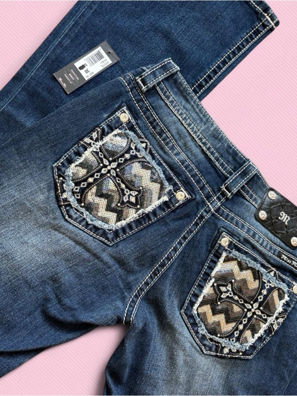 Miss Me Dark Blue Bootcut Jeans with Embroidered Chevron Pockets - Picture 3 of 6